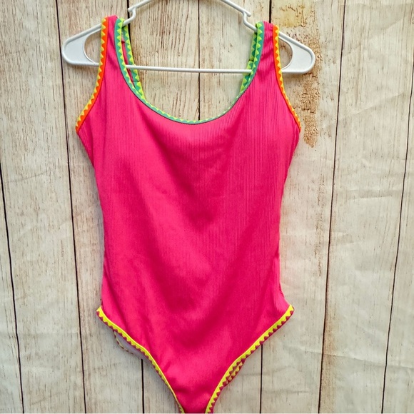 Popvil Other - Neon Pink One-Piece Swimsuit with Colorful Trim Sz L